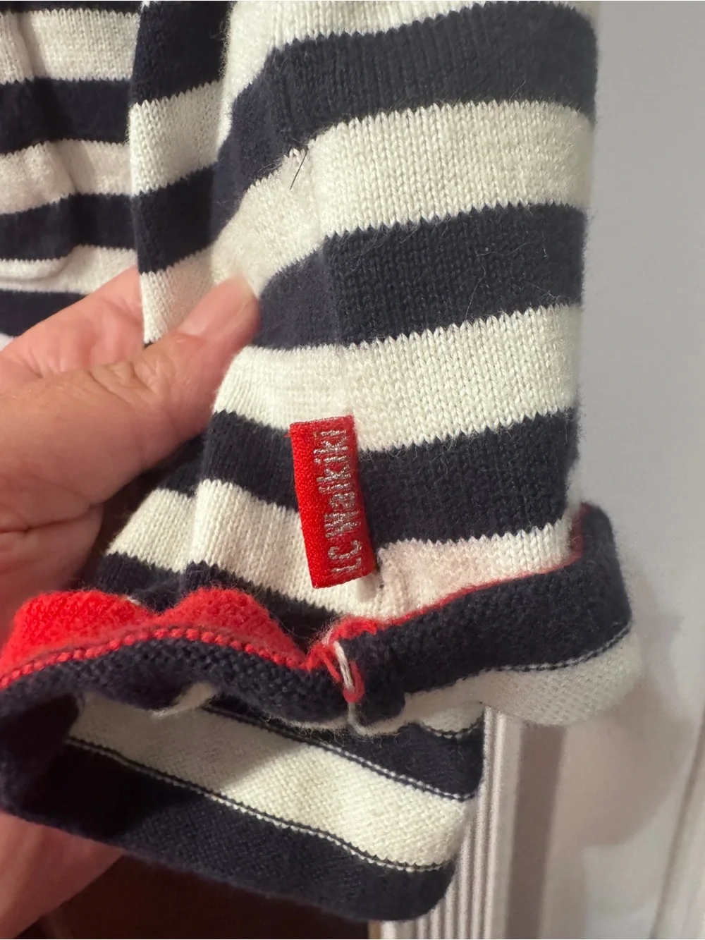 L.C WaikikiGirls Navy & White Striped Knit Dress with Red Trim and Heart Pockets